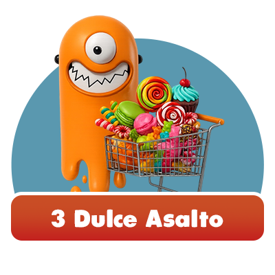 Personaje con carrito lleno de golosinas representando el Dulce Asalto
